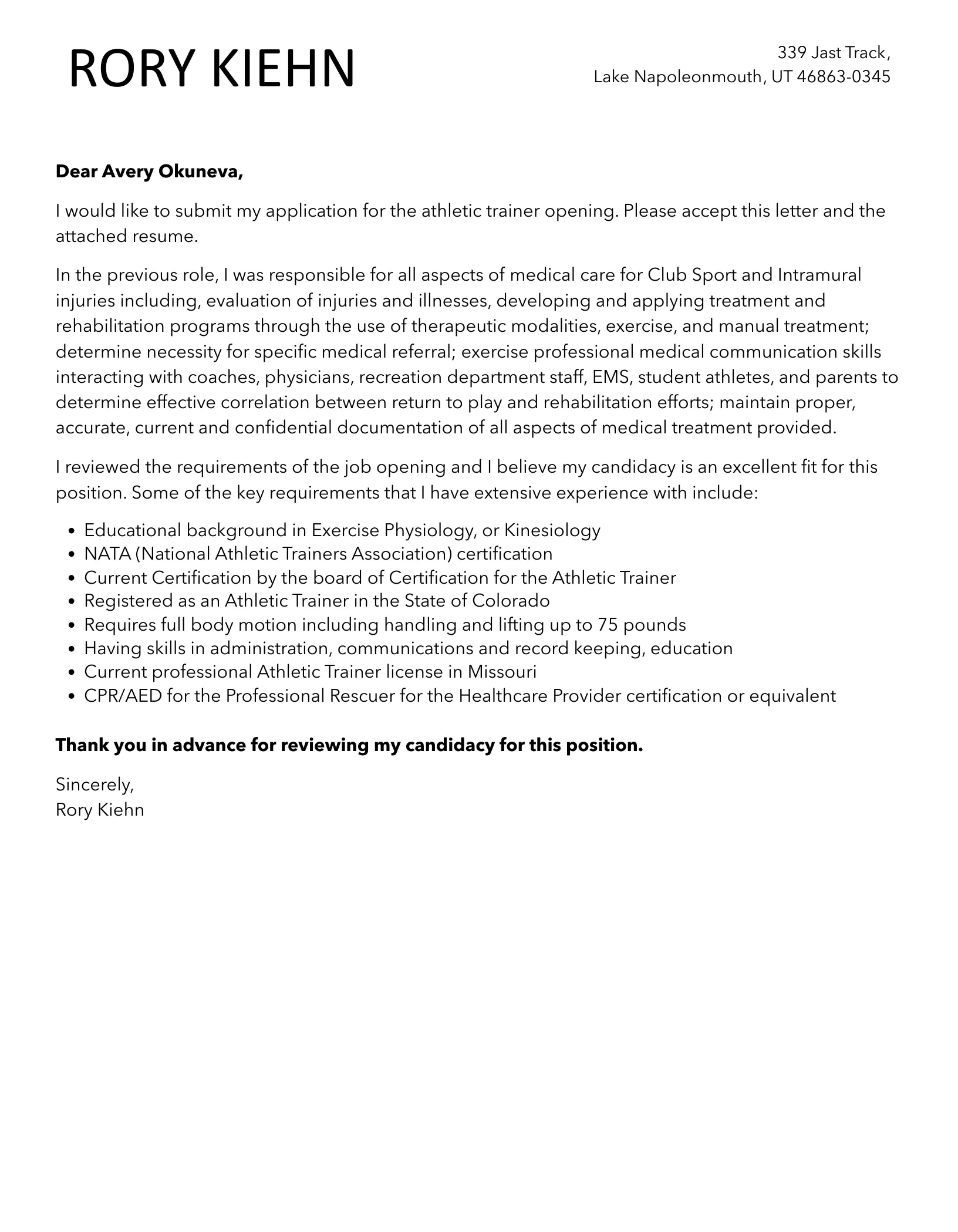 39001 athletic trainer passion