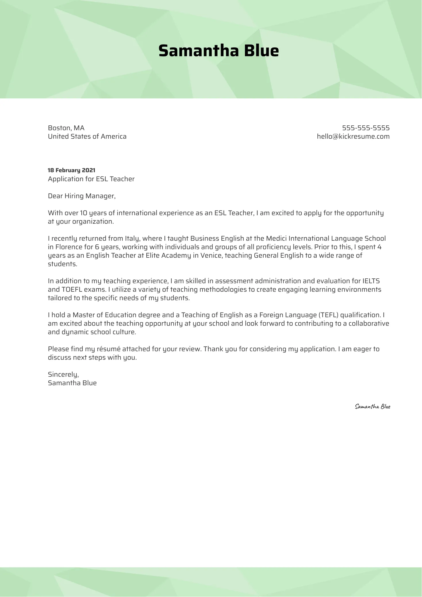 39010 esl teacher cover letter components