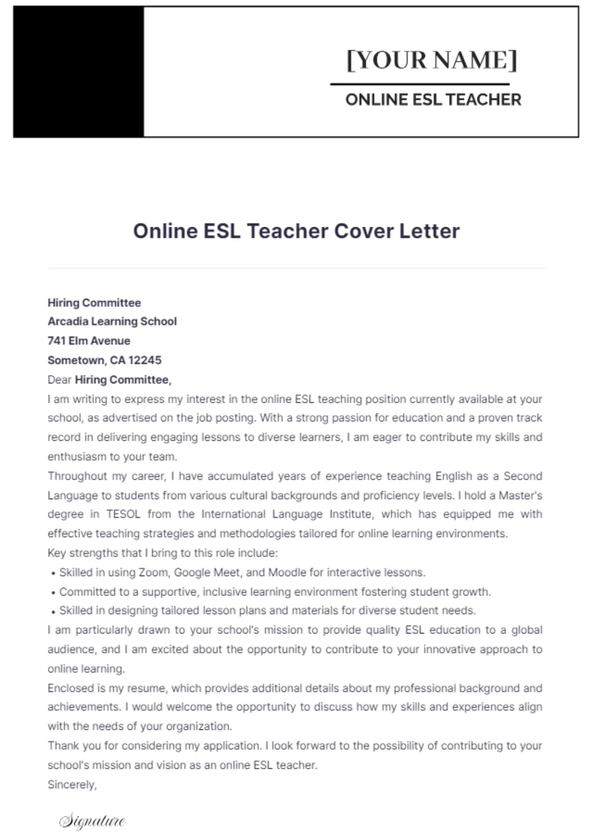 39010 esl teacher cover letter header