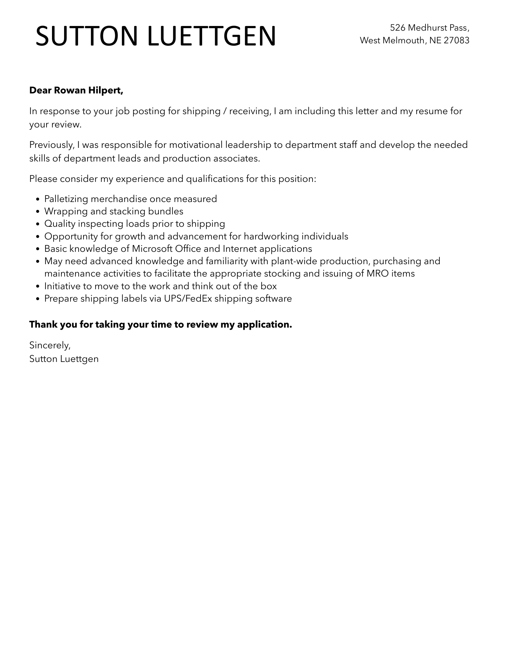 39188 warehouse experience example