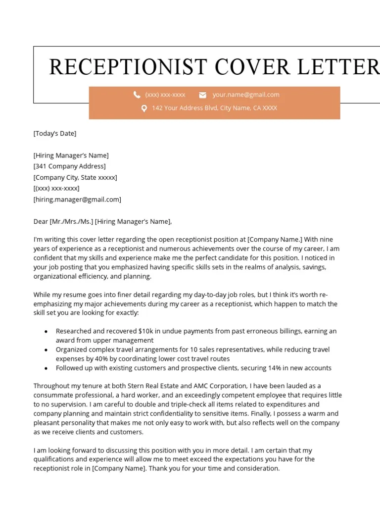 39226 receptionist cover letter guide