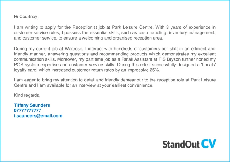 39226 receptionist cover letter sections