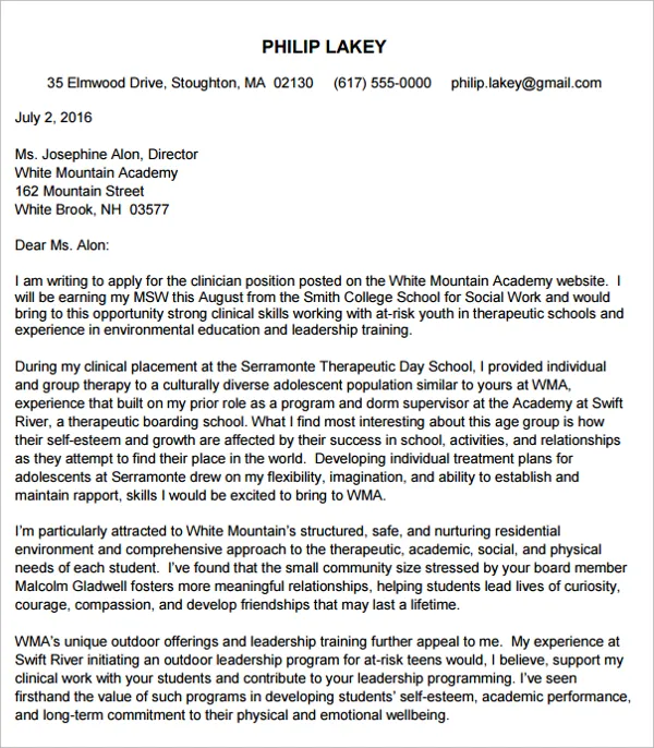 39234 school social worker cover letter achievements